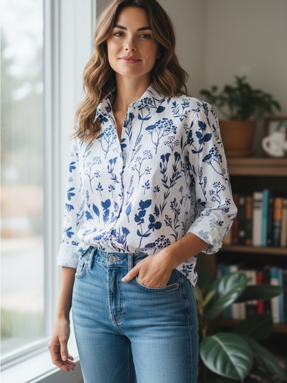 Blue White Botanical Button Down Shirt  size S
